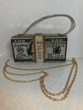 Rhinestone Money Clutch Bag Gold Chain Sparkly Statement Purse